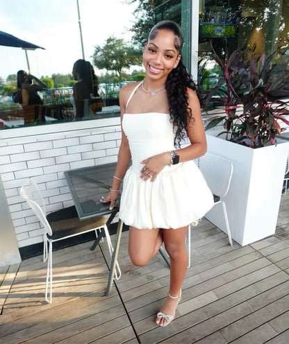Sexy A Line Halter White Satin Short Summer Birthday Dress Hoco Dress Birthday Outfit 16th Birthday Mini Party Dresses DP1173