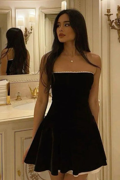 Pretty A line Strapless Black Velvet Sleeveless Summer Birthday Dress Hoco Dress Birthday Outfit 19th Birthday Mini Cocktail Dresses DP1174