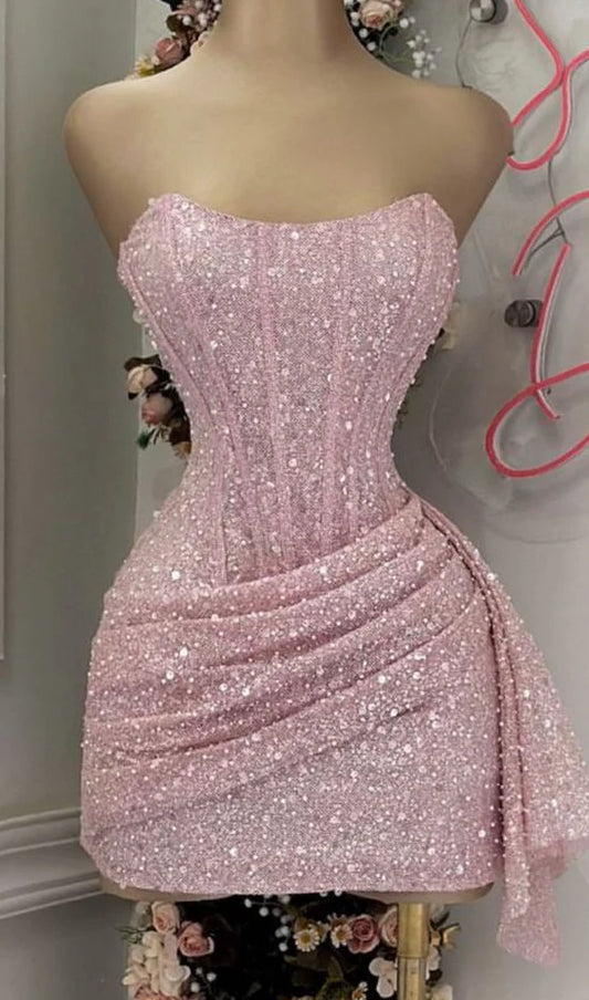 Sexy Sheath Strapless Sequin Short Summer 20th Birthday Dress Hoco Dress Birthday Outfit 18th Birthday Mini Party Dresses DP1175