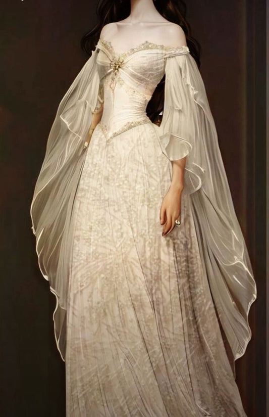 Vintage Bridal Gown A line Off The Shoulder Ivory Lace Wedding Dresses Minimalist Bridal Gowns DP1185
