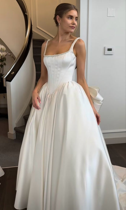 Robe de mariée classique, robe de bal, col carré, sans manches, en satin blanc, robes de mariée minimalistes DH738
