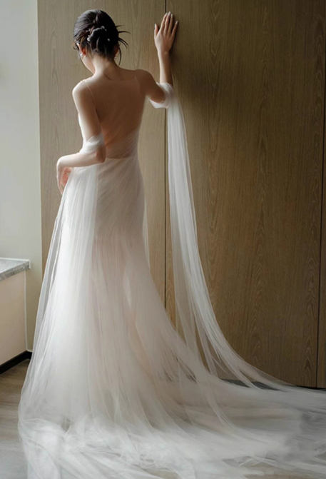 Vintage Bridal Gown Mermaid Strapless White Tulle Long Sleeves Wedding Dresses Minimalist Bridal Gowns DP1207