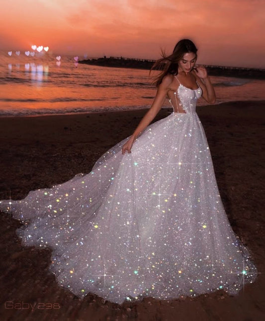 Robe de mariée classique, robe de bal, bretelles spaghetti, paillettes, blanche, robes de mariée minimalistes, DP1210