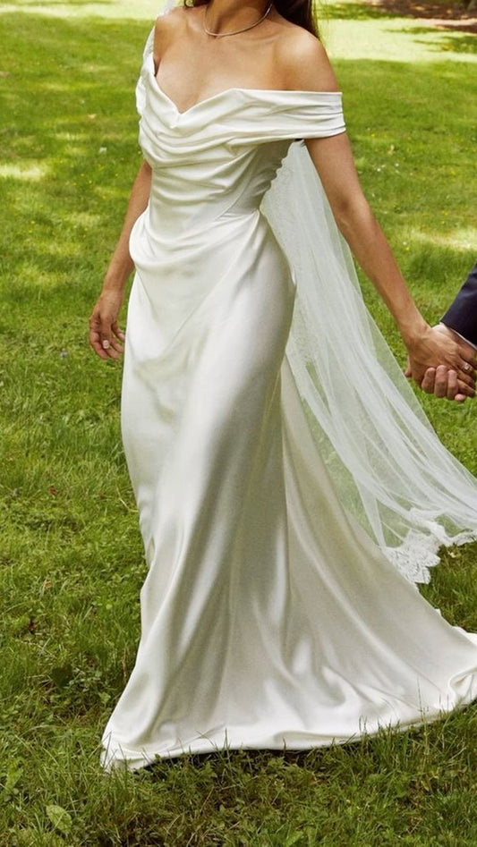 Vintage Bridal Gown Sheath Off The Shoulder White Satin Short Sleeves Wedding Dresses Minimalist Bridal Gowns DP1212
