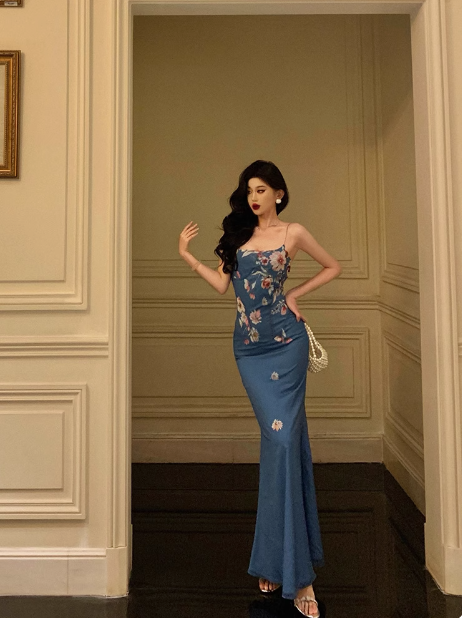 Elegant Mermaid Blue Floral Sleeveless 21st Birthday Dress Party Gown Birthday Outfits Birthday Dress Ideas For Women DP1287