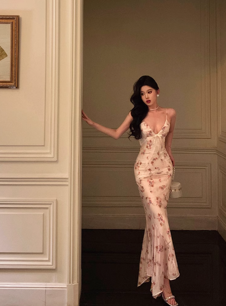 Sexy Meerjungfrau Rosa Blumen Spaghettiträger 18. Geburtstagskleid Partykleid Geburtstagsoutfits Geburtstagskleid Ideen für Frauen DP1300