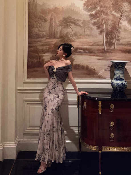 Edles Meerjungfrauen-Kleid mit schulterfreiem, floralem Muster, langes Partykleid zum 18. Geburtstag, Outfits zum 21. Geburtstag, Geburtstagskleid-Ideen für Frauen, DP1304
