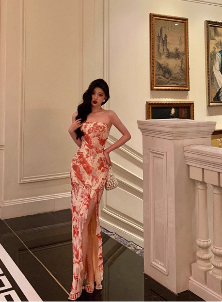 Elegantes Meerjungfrauen-Kleid, trägerlos, rosa, geblümt, ärmellos, 21. Geburtstagskleid, Partykleid, Geburtstags-Outfits, Geburtstagskleid-Ideen für Frauen, DP1306