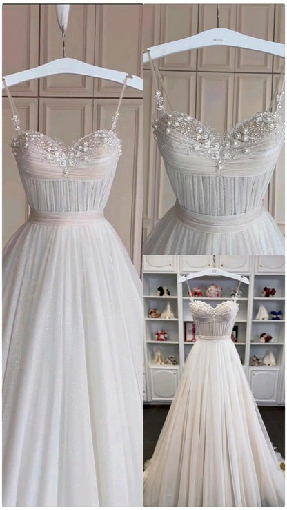 Classic Bridal Gown A Line Spaghetti Straps Tulle White Wedding Dresses Minimalist Bridal Gowns DP1317