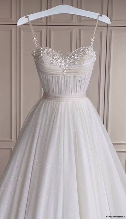 Classic Bridal Gown A Line Spaghetti Straps Tulle White Wedding Dresses Minimalist Bridal Gowns DP1317