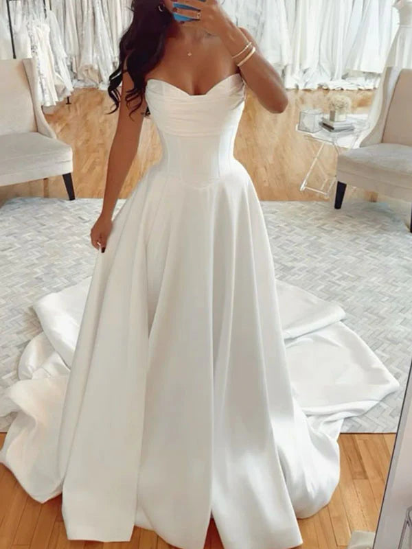 Robe de mariée classique trapèze en satin blanc, décolleté en cœur, robe de mariée minimaliste, DP1319
