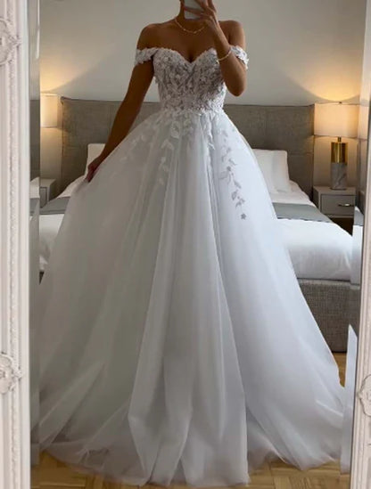 Robe de mariée éthérée, robe de bal, épaules dénudées, tulle, blanche, robes de mariée DP1321