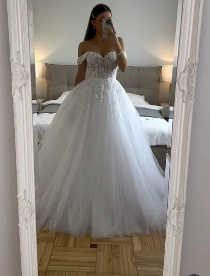 Robe de mariée éthérée, robe de bal, épaules dénudées, tulle, blanche, robes de mariée DP1321