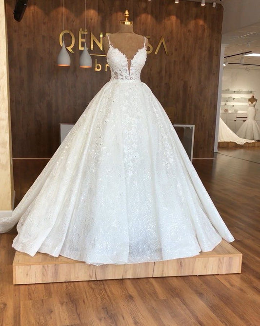 Robe de mariée classique, robe de bal, bretelles spaghetti, dentelle, blanche, robes de mariée minimalistes, DP1325