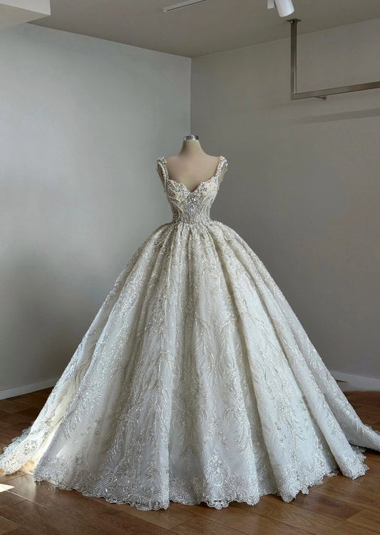 Robe de mariée classique, robe de bal, bretelles spaghetti, paillettes, robes de mariée blanches, robes de mariée minimalistes DP1330