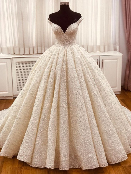 Ethereal Wedding Dress Ball Gown Off The Shoulder Sequin White Wedding Dresses Bridal Gowns DP1331