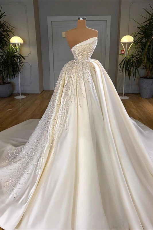 Robe de mariée classique, robe de bal, asymétrique épaule dénudée, satin blanc, robes de mariée minimalistes, DP1335