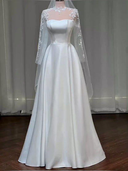 Classic Bridal Gown Ball Gown White Satin Wedding Dresses Minimalist Bridal Gowns DP1341