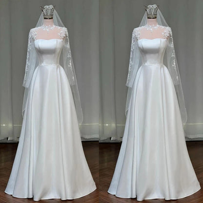 Classic Bridal Gown Ball Gown White Satin Wedding Dresses Minimalist Bridal Gowns DP1341