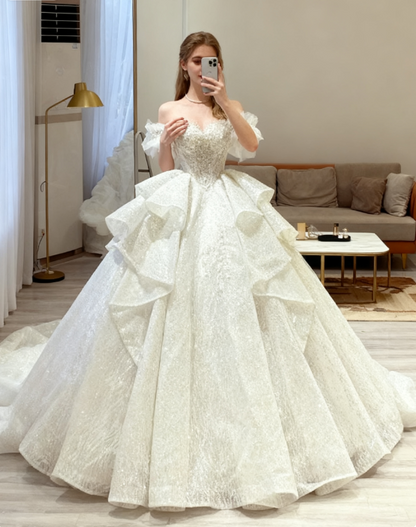 Ethereal Wedding Dress Ball Gown Off The Shoulder Sequin White Wedding Dresses Bridal Gowns DP1342