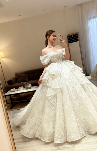 Ethereal Wedding Dress Ball Gown Off The Shoulder Sequin White Wedding Dresses Bridal Gowns DP1342