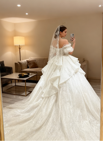 Ethereal Wedding Dress Ball Gown Off The Shoulder Sequin White Wedding Dresses Bridal Gowns DP1342