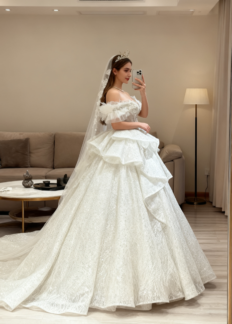 Ethereal Wedding Dress Ball Gown Off The Shoulder Sequin White Wedding Dresses Bridal Gowns DP1342