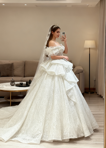 Ethereal Wedding Dress Ball Gown Off The Shoulder Sequin White Wedding Dresses Bridal Gowns DP1342