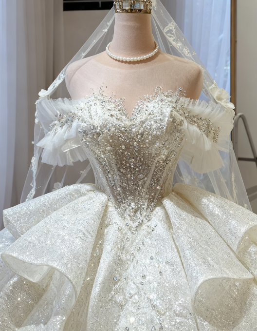 Ethereal Wedding Dress Ball Gown Off The Shoulder Sequin White Wedding Dresses Bridal Gowns DP1342