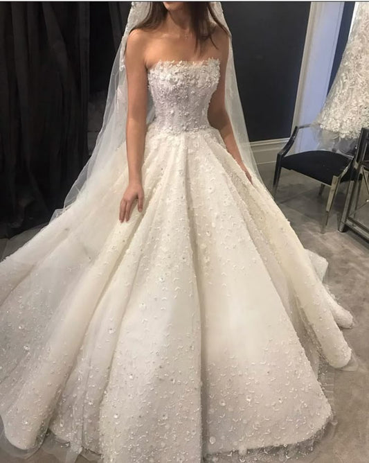 Robe de mariée classique, robe de bal, sans bretelles, en dentelle, blanche, minimaliste, DP1346