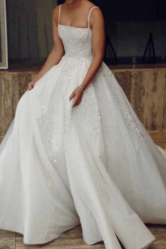 Robe de mariée classique, robe de bal, bretelles spaghetti, paillettes, robes de mariée blanches, robes de mariée minimalistes DP1349
