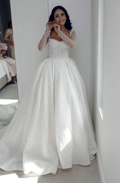 Ethereal Brautkleid Ballkleid Square Neck Lange Ärmel Weiße Brautkleider Brautkleider DP1353