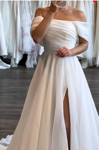 Simple Wedding Dress Ball Gown Off The Shoulder Slit White Wedding Dresses Bridal Gowns DP1359
