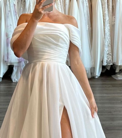 Simple Wedding Dress Ball Gown Off The Shoulder Slit White Wedding Dresses Bridal Gowns DP1359