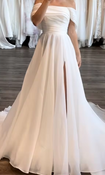 Simple Wedding Dress Ball Gown Off The Shoulder Slit White Wedding Dresses Bridal Gowns DP1359