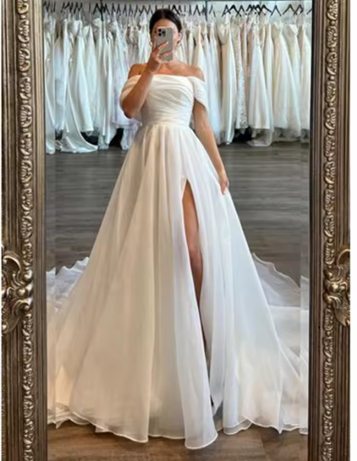 Simple Wedding Dress Ball Gown Off The Shoulder Slit White Wedding Dresses Bridal Gowns DP1359