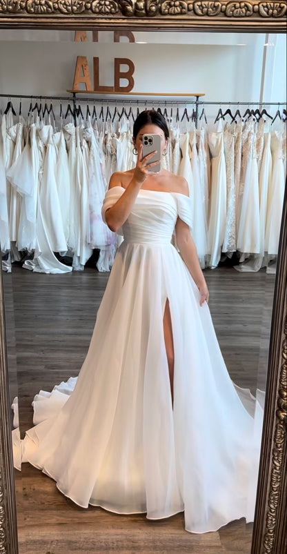 Simple Wedding Dress Ball Gown Off The Shoulder Slit White Wedding Dresses Bridal Gowns DP1359