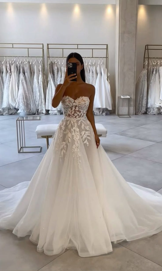 Robe de mariée classique, robe de bal, bustier, dentelle, blanche, robes de mariée d'été minimalistes, DP1360