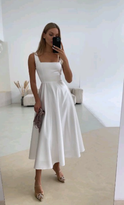 Classic Bridal Gown A line Square Satin White Summer Wedding Dresses Minimalist Bridal Gowns DP1370