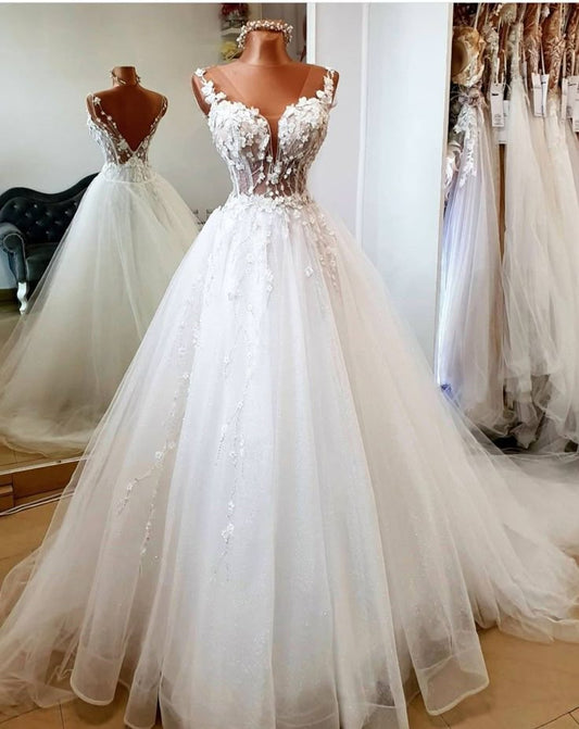 Robe de mariée classique, robe de bal, bretelles, dentelle florale, robes de mariée blanches, robes de mariée minimalistes DP1377