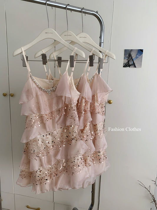 Robe trapèze décontractée à bretelles spaghetti et paillettes roses, tenue d'été courte et décontractée, DP1398