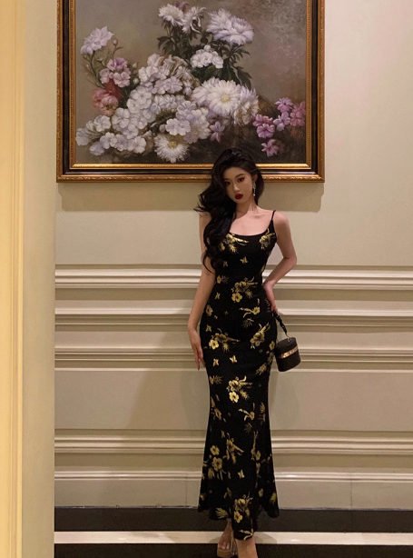 Elegant Sheath Black Floral Satin Sleeveless 23rd Birthday Dress Party Gown Birthday Outfits Birthday Dress Ideas For Women DP1418