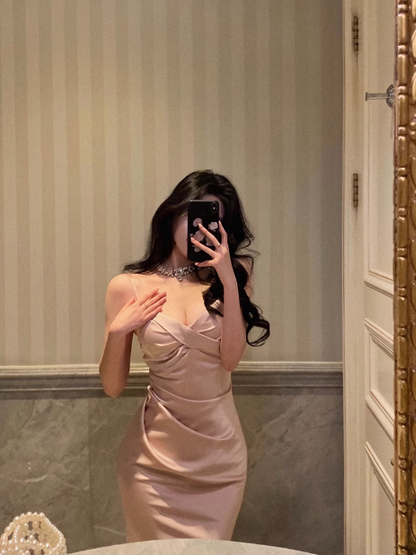 Elegant Sheath Spaghetti Straps Pink Satin Sleeveless 23rd Birthday Dress Party Gown Birthday Outfits Birthday Dress Ideas For Women DP1421