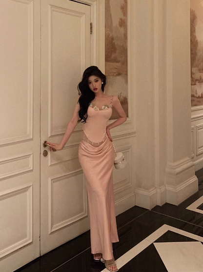 Elegant Mermaid 2 Pieces Pink Satin Sleeveless 21st Birthday Dresses Evening Gown Birthday Outfits Birthday Dress Ideas For Women DP1442