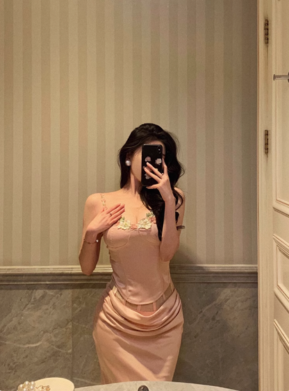 Elegant Mermaid 2 Pieces Pink Satin Sleeveless 21st Birthday Dresses Evening Gown Birthday Outfits Birthday Dress Ideas For Women DP1442
