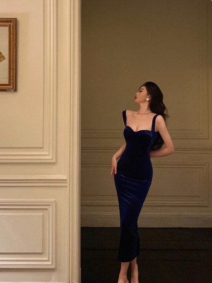 Elegant Glamour Sheath Straps Blue Velvet Prom Gowns Party Dress Classy Gowns Evening Dresses DP1457