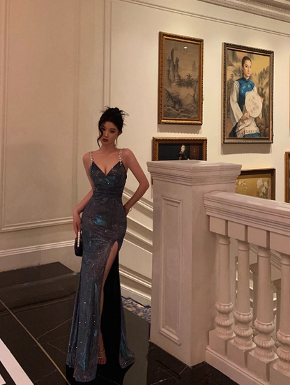 Elegant Glamour Sheath Straps Spaghetti Blue Sequin Slit Prom Gowns Party Dress Classy Gowns Evening Dresses DP1460