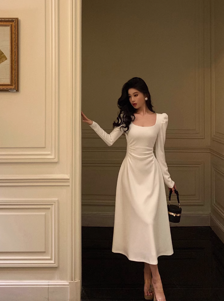 Elegant A Line Square Long Sleeves White 23rd Birthday Dress Party Gown Birthday Outfits Birthday Dress Ideas For Women DP1469