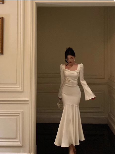 Robe sirène modeste à manches longues en satin blanc pour 21e anniversaire, tenue de fête, idées de robes d'anniversaire pour femmes, DP1472