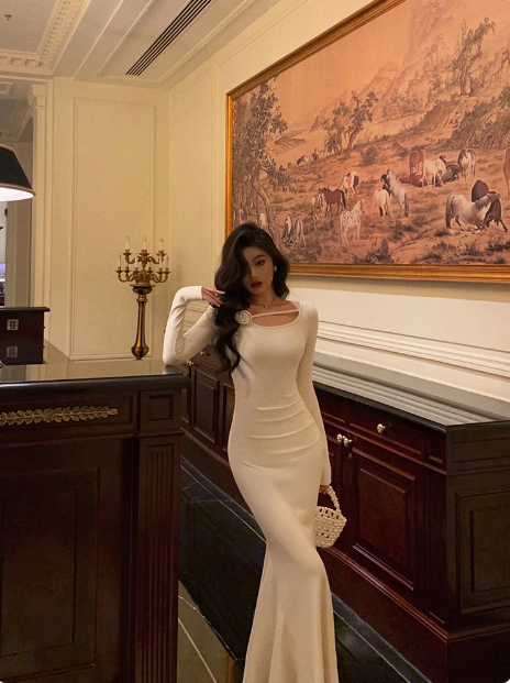 Sexy Mermaid Long Sleeves White Satin 21st Birthday Dress Party Gown Birthday Outfits Birthday Dress Ideas For Women DP1474